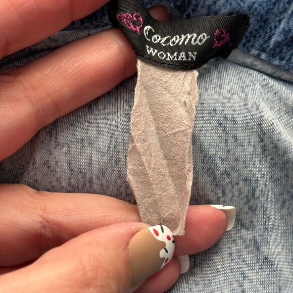 Cocomo Women Slinky Knit Top Stonewash Denim Look Roll Tab Sleeve Blue 3X L115 - Picture 6 of 7